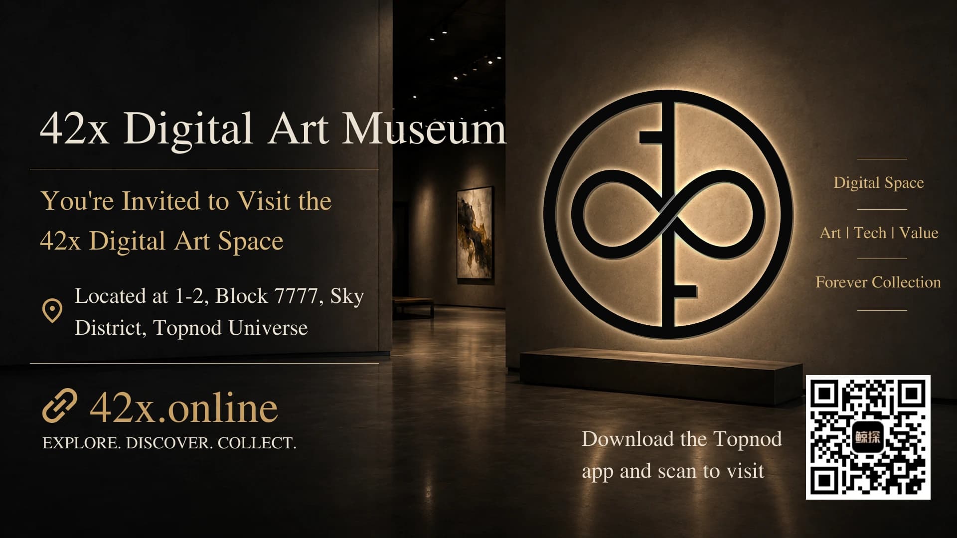 42x Digital Art Space visitor guide with its Topnod Universe location and access QR code